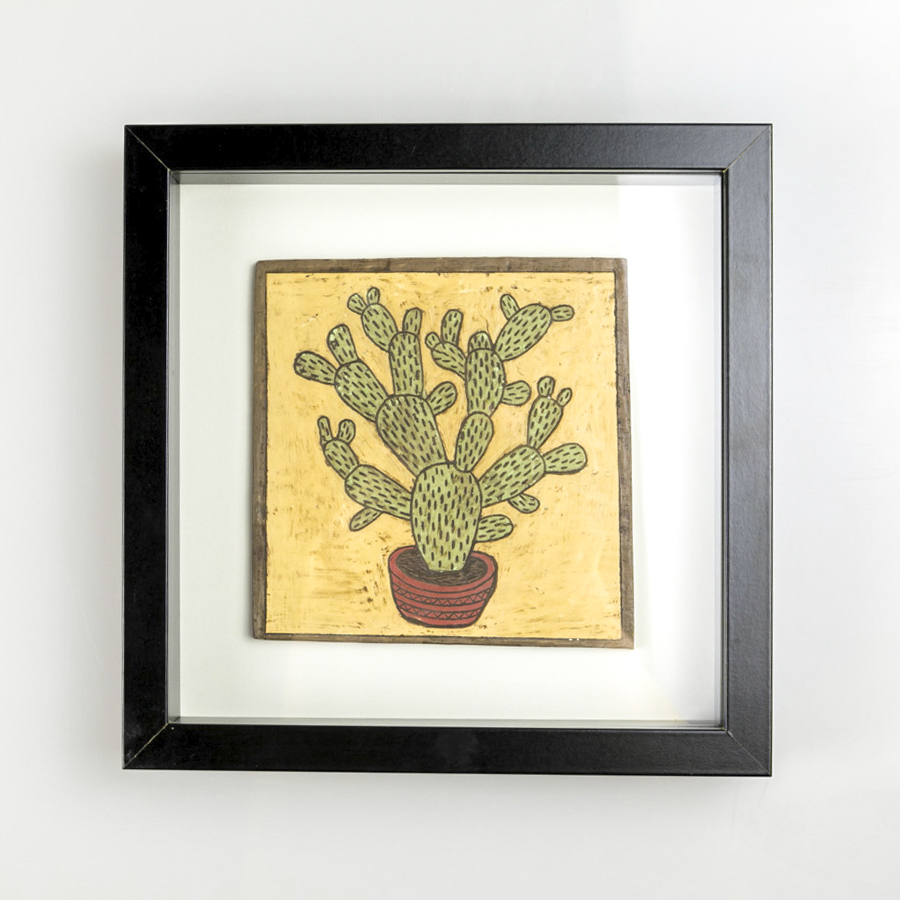 Rakú - Cerámica decorativa - Placa de arcilla Negra - Cactus